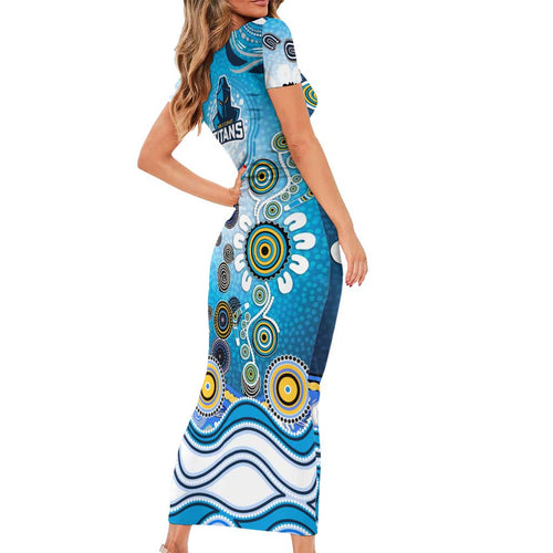 Gold Coast Titans Rugby Short Sleeve Bodycon Dress Australian Aboriginal Dot Painting Style