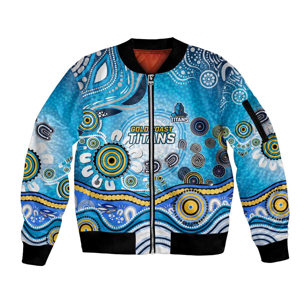 Gold Coast Titans Rugby Sleeve Zip Bomber Jacket Australian Aboriginal Dot Painting Style