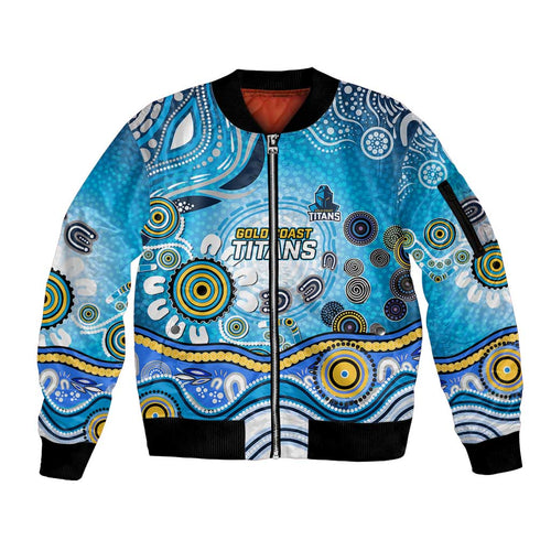 Gold Coast Titans Rugby Sleeve Zip Bomber Jacket Australian Aboriginal Dot Painting Style