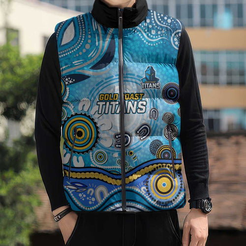 Gold Coast Titans Rugby Sleeveless Puffer Jacket Australian Aboriginal Dot Painting Style