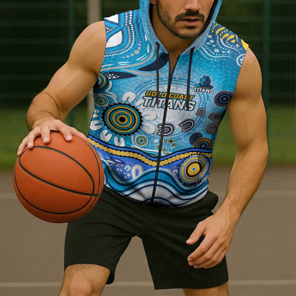 Gold Coast Titans Rugby Sleeveless Zip Hoodie Australian Aboriginal Dot Painting Style