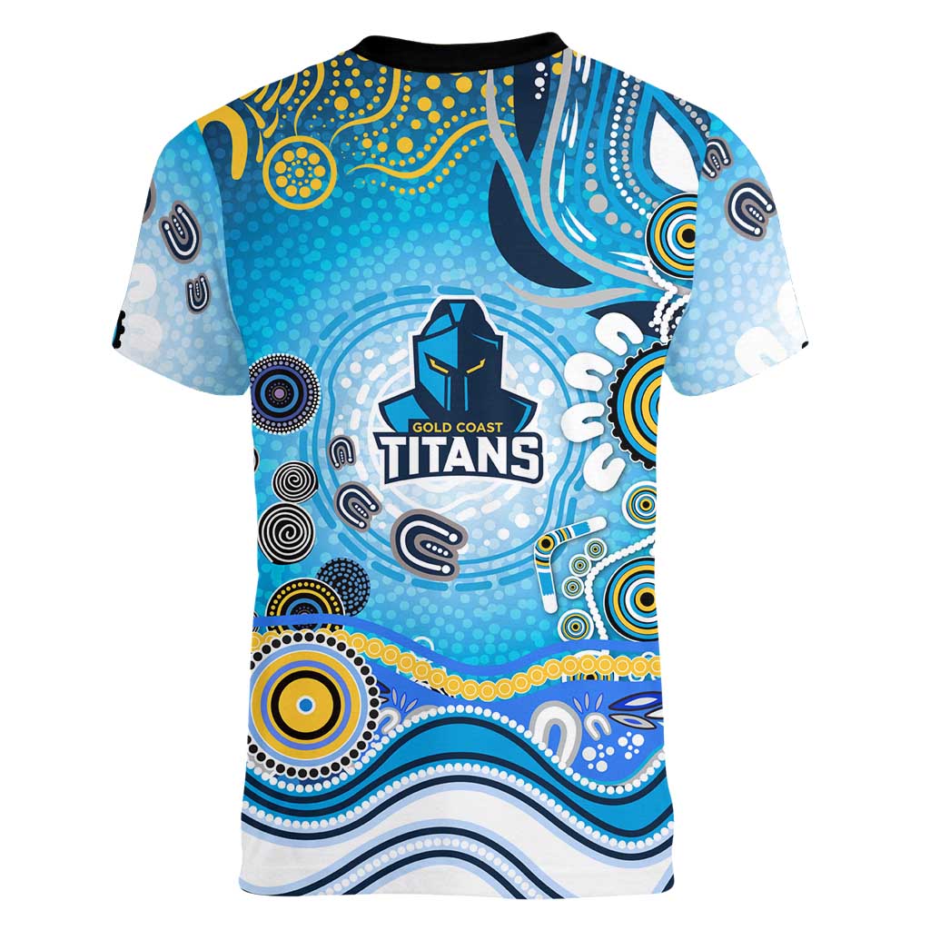 Gold Coast Titans Rugby Women V-Neck T-Shirt Australian Aboriginal Dot Painting Style
