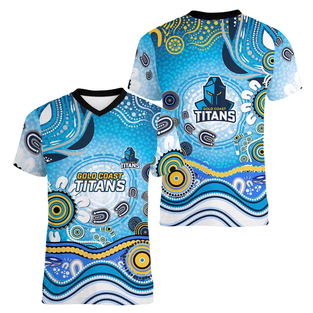 Gold Coast Titans Rugby Women V-Neck T-Shirt Australian Aboriginal Dot Painting Style
