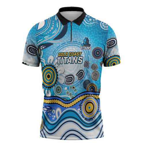 Gold Coast Titans Rugby Zipper Polo Shirt Australian Aboriginal Dot Painting Style