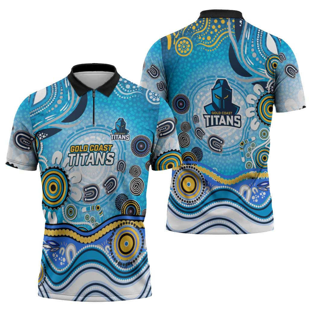 Gold Coast Titans Rugby Zipper Polo Shirt Australian Aboriginal Dot Painting Style