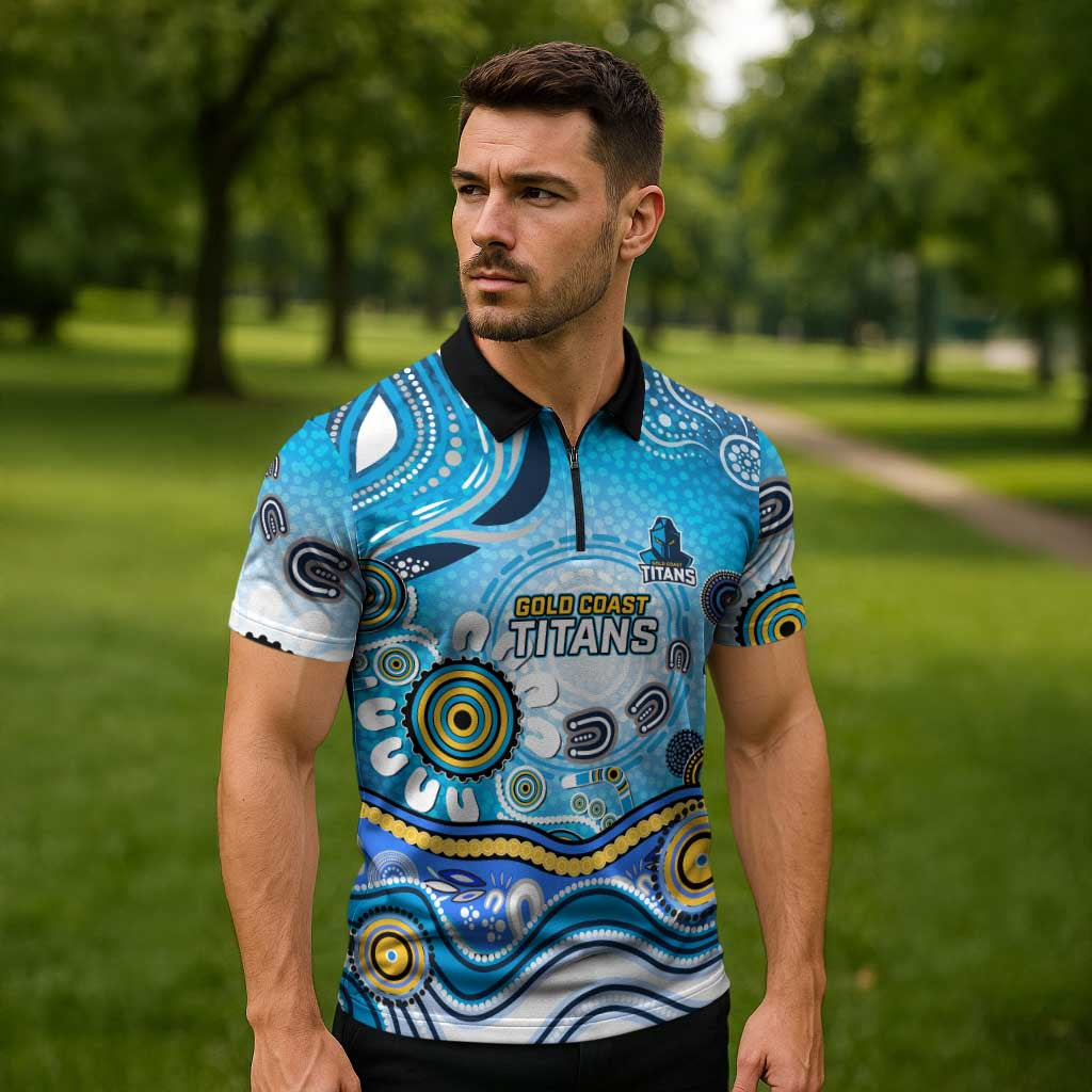 Gold Coast Titans Rugby Zipper Polo Shirt Australian Aboriginal Dot Painting Style