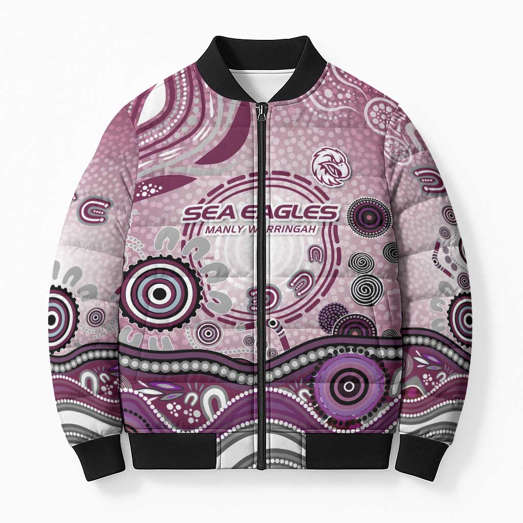 Manly Warringah Sea Eagles Rugby Bomber Puffer Jacket Australian Aboriginal Dot Painting Style
