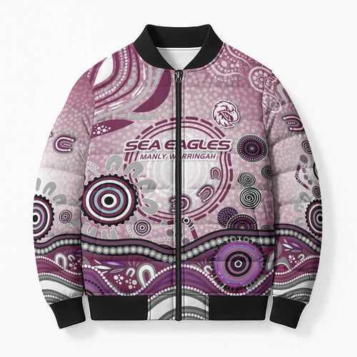 Manly Warringah Sea Eagles Rugby Bomber Puffer Jacket Australian Aboriginal Dot Painting Style