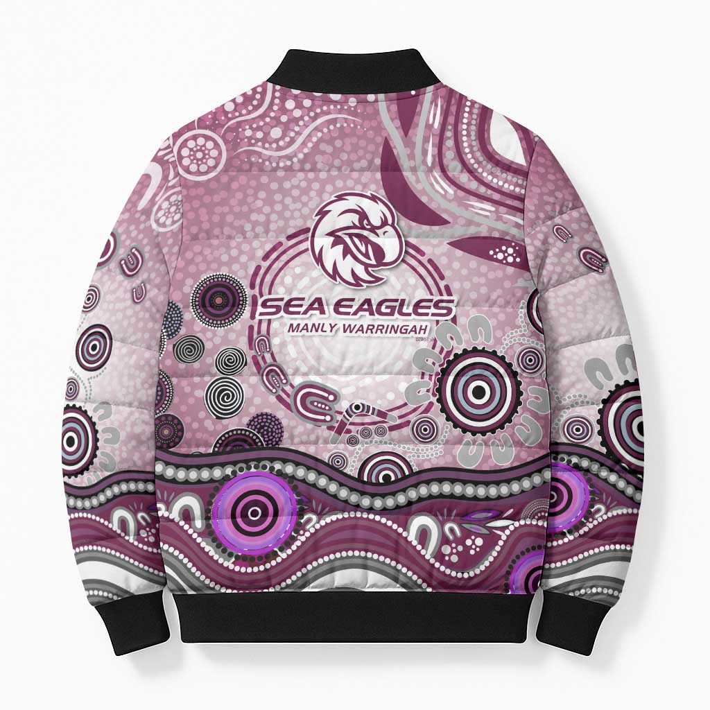 Manly Warringah Sea Eagles Rugby Bomber Puffer Jacket Australian Aboriginal Dot Painting Style
