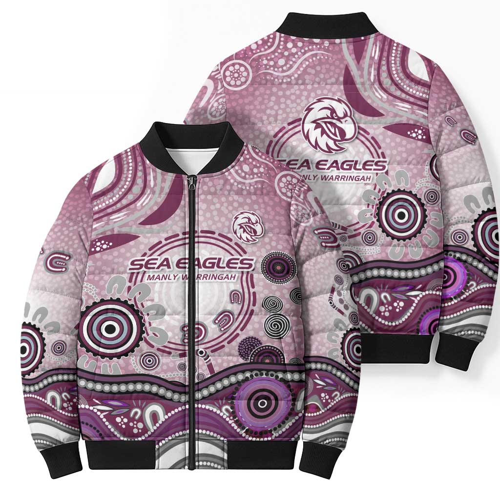 Manly Warringah Sea Eagles Rugby Bomber Puffer Jacket Australian Aboriginal Dot Painting Style