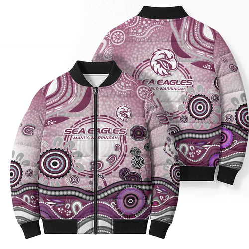 Manly Warringah Sea Eagles Rugby Bomber Puffer Jacket Australian Aboriginal Dot Painting Style
