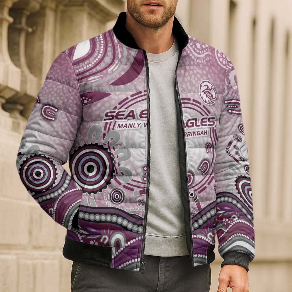 Manly Warringah Sea Eagles Rugby Bomber Puffer Jacket Australian Aboriginal Dot Painting Style