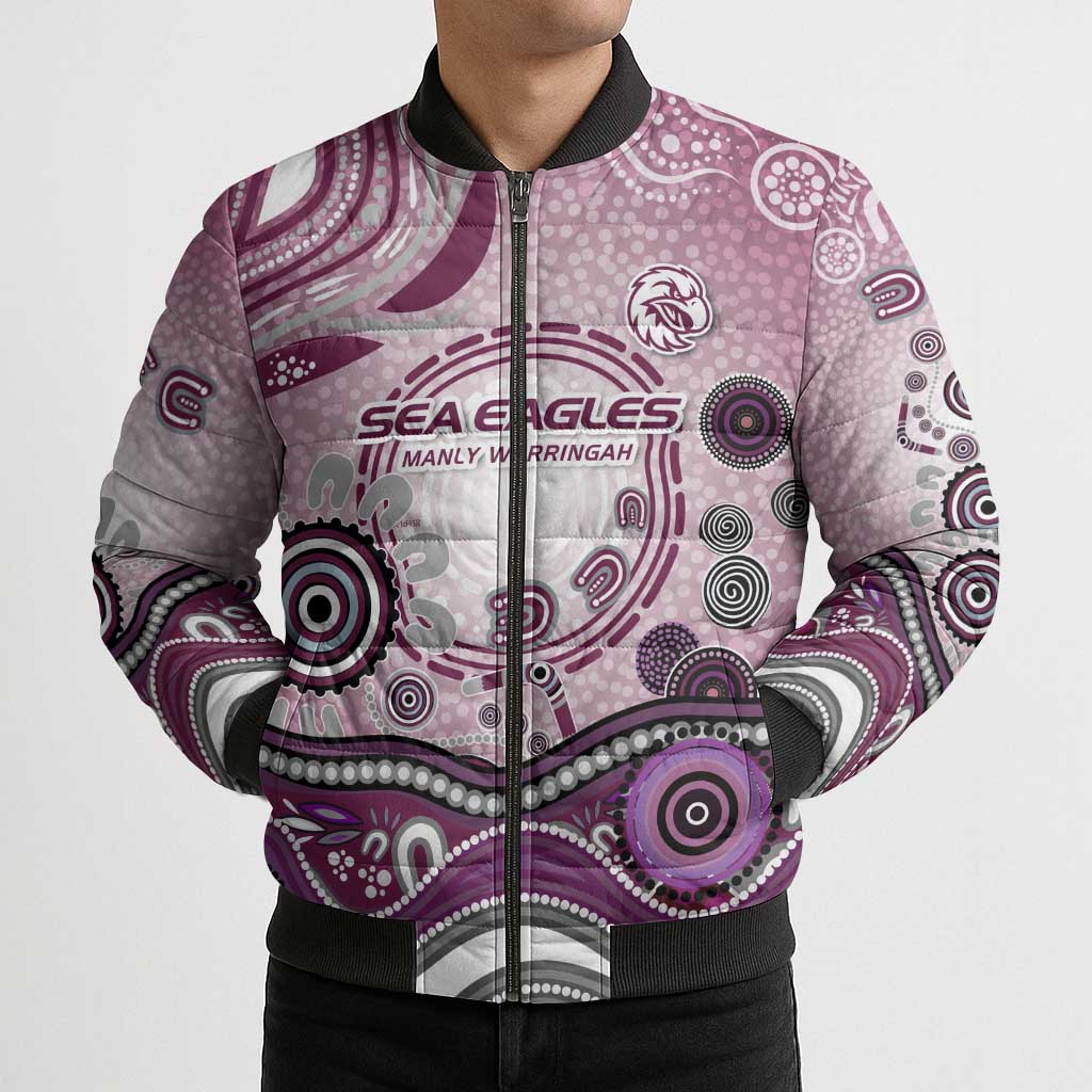 Manly Warringah Sea Eagles Rugby Bomber Puffer Jacket Australian Aboriginal Dot Painting Style