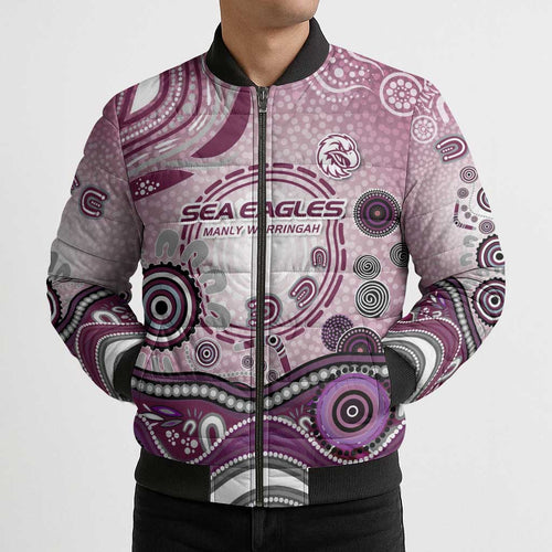 Manly Warringah Sea Eagles Rugby Bomber Puffer Jacket Australian Aboriginal Dot Painting Style