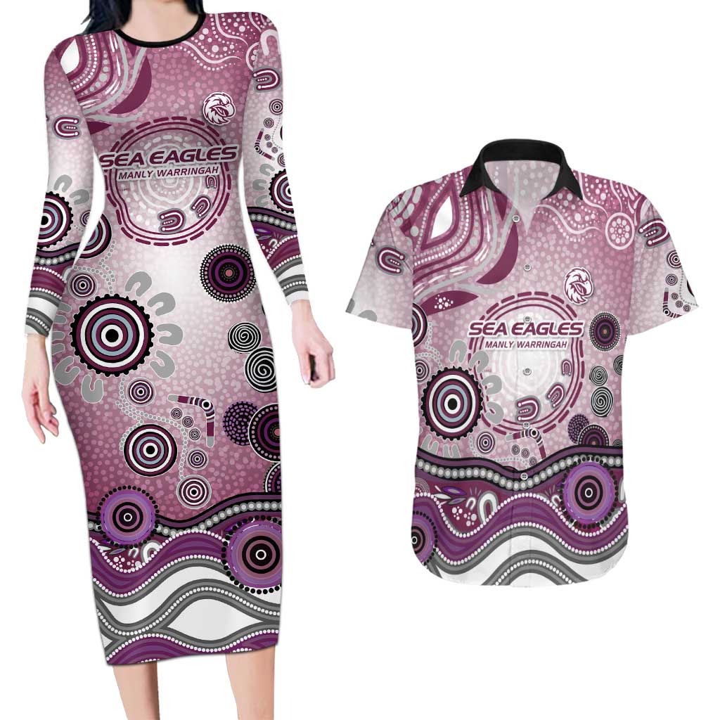Manly Warringah Sea Eagles Rugby Couples Matching Long Sleeve Bodycon Dress and Hawaiian Shirt Australian Aboriginal Dot Painting Style