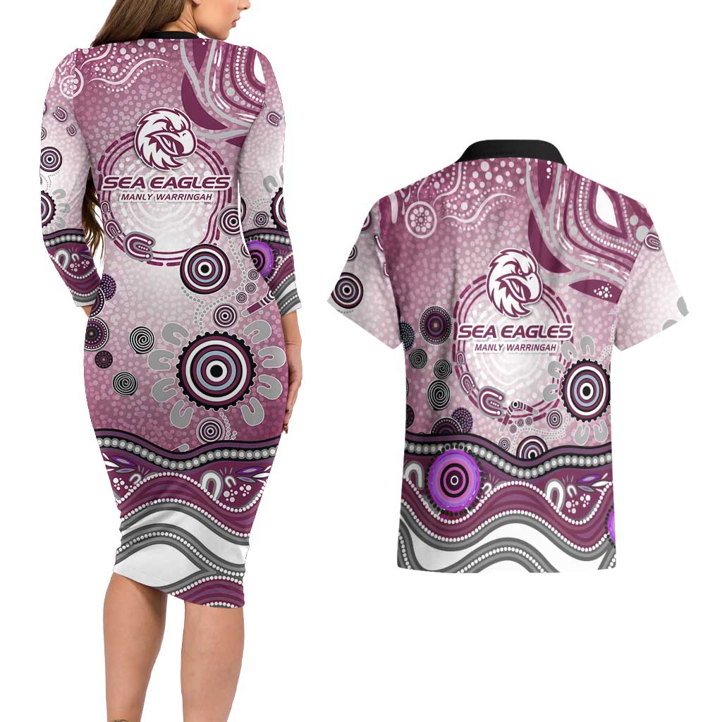 Manly Warringah Sea Eagles Rugby Couples Matching Long Sleeve Bodycon Dress and Hawaiian Shirt Australian Aboriginal Dot Painting Style