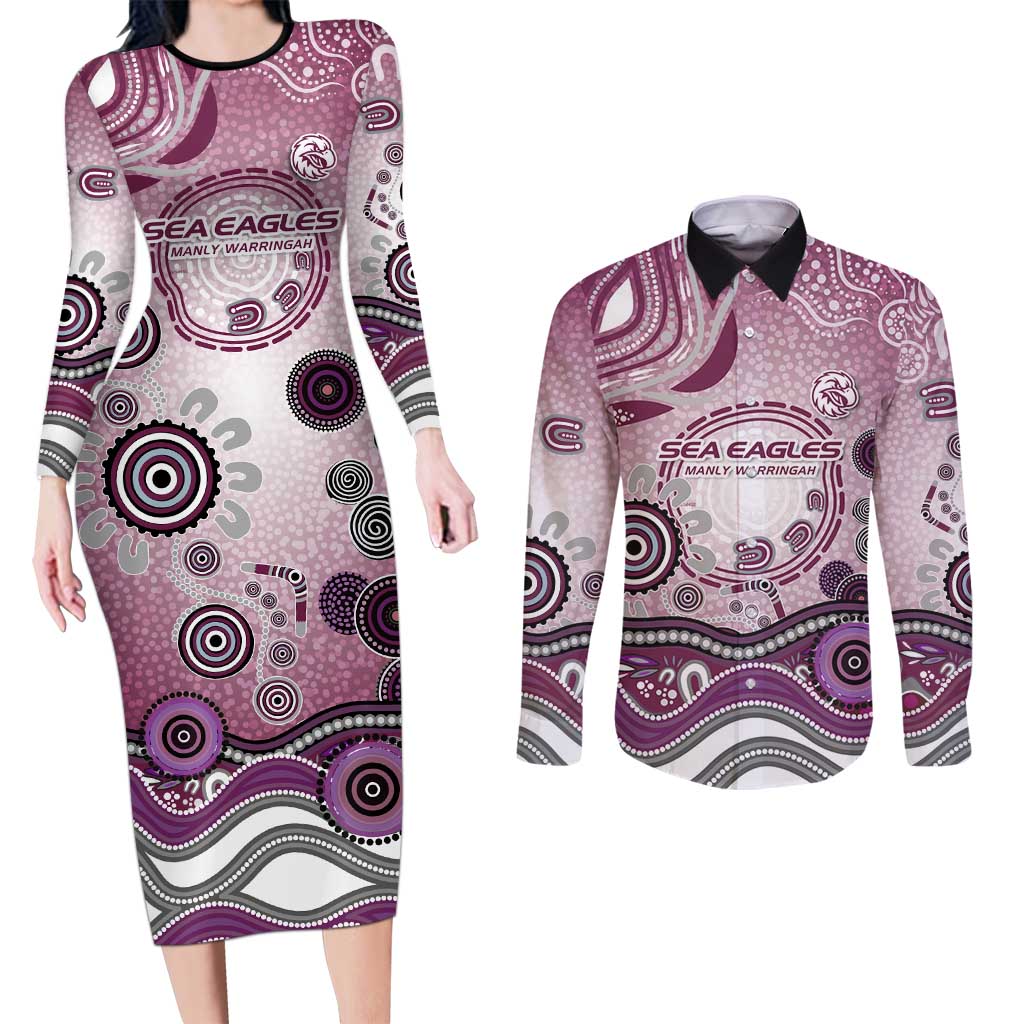 Manly Warringah Sea Eagles Rugby Couples Matching Long Sleeve Bodycon Dress and Long Sleeve Button Shirt Australian Aboriginal Dot Painting Style