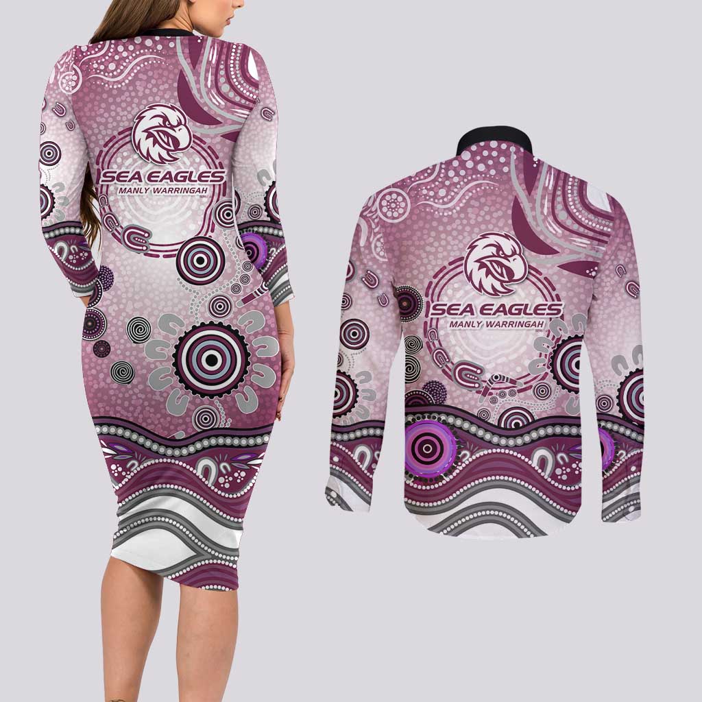 Manly Warringah Sea Eagles Rugby Couples Matching Long Sleeve Bodycon Dress and Long Sleeve Button Shirt Australian Aboriginal Dot Painting Style
