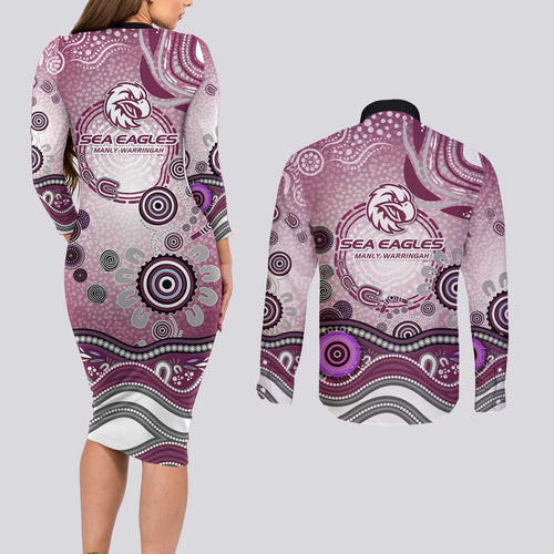 Manly Warringah Sea Eagles Rugby Couples Matching Long Sleeve Bodycon Dress and Long Sleeve Button Shirt Australian Aboriginal Dot Painting Style