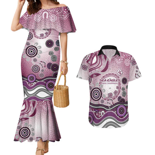 Manly Warringah Sea Eagles Rugby Couples Matching Mermaid Dress and Hawaiian Shirt Australian Aboriginal Dot Painting Style