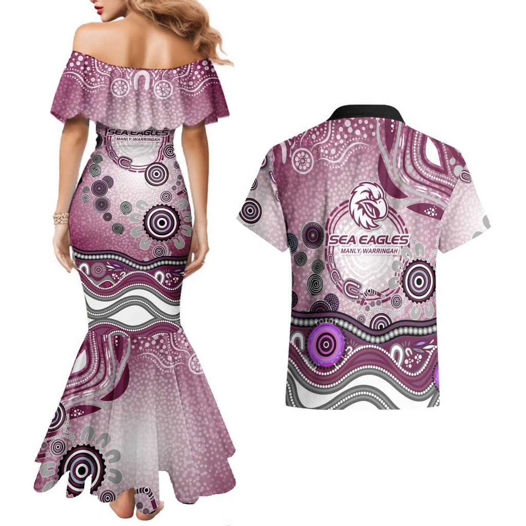 Manly Warringah Sea Eagles Rugby Couples Matching Mermaid Dress and Hawaiian Shirt Australian Aboriginal Dot Painting Style