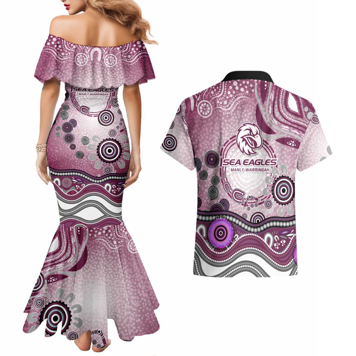 Manly Warringah Sea Eagles Rugby Couples Matching Mermaid Dress and Hawaiian Shirt Australian Aboriginal Dot Painting Style