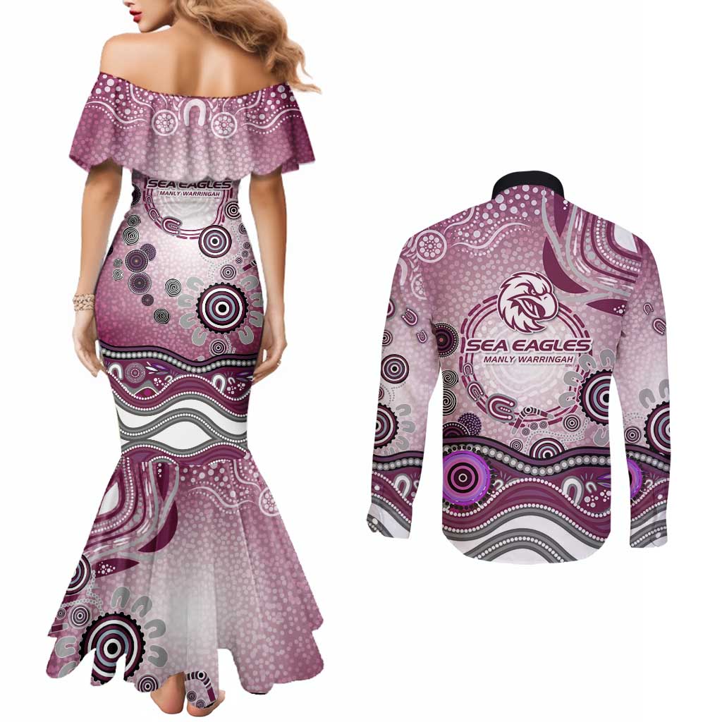 Manly Warringah Sea Eagles Rugby Couples Matching Mermaid Dress and Long Sleeve Button Shirt Australian Aboriginal Dot Painting Style