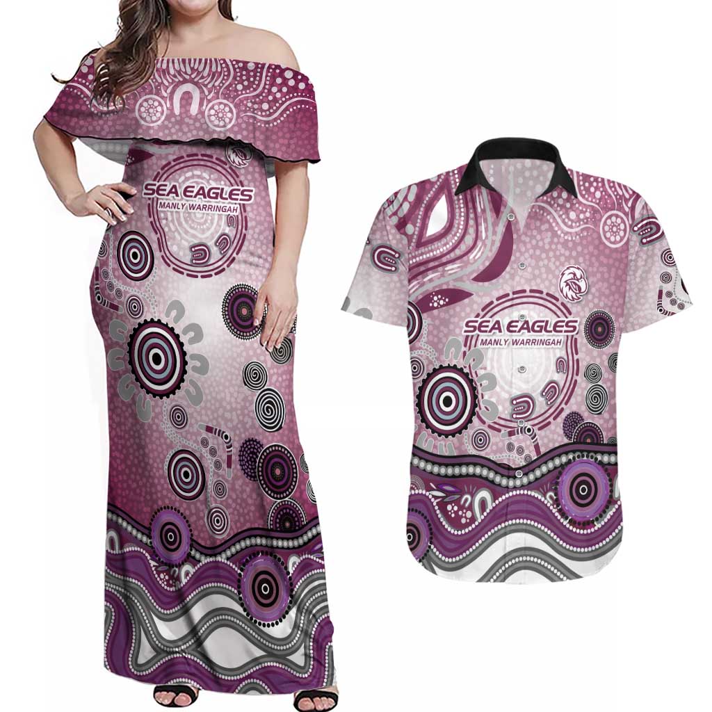 Manly Warringah Sea Eagles Rugby Couples Matching Off Shoulder Maxi Dress and Hawaiian Shirt Australian Aboriginal Dot Painting Style
