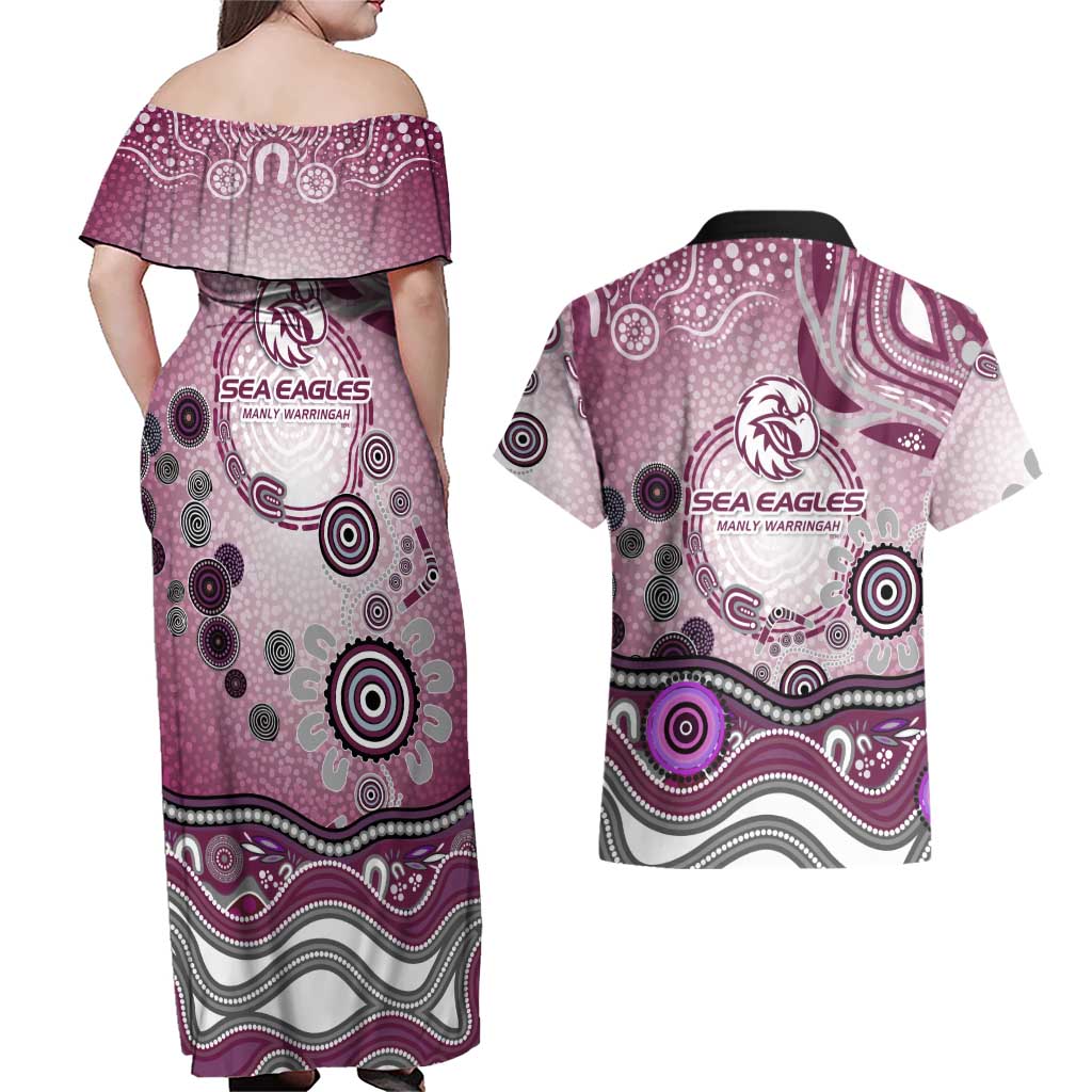 Manly Warringah Sea Eagles Rugby Couples Matching Off Shoulder Maxi Dress and Hawaiian Shirt Australian Aboriginal Dot Painting Style