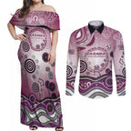 Manly Warringah Sea Eagles Rugby Couples Matching Off Shoulder Maxi Dress and Long Sleeve Button Shirt Australian Aboriginal Dot Painting Style