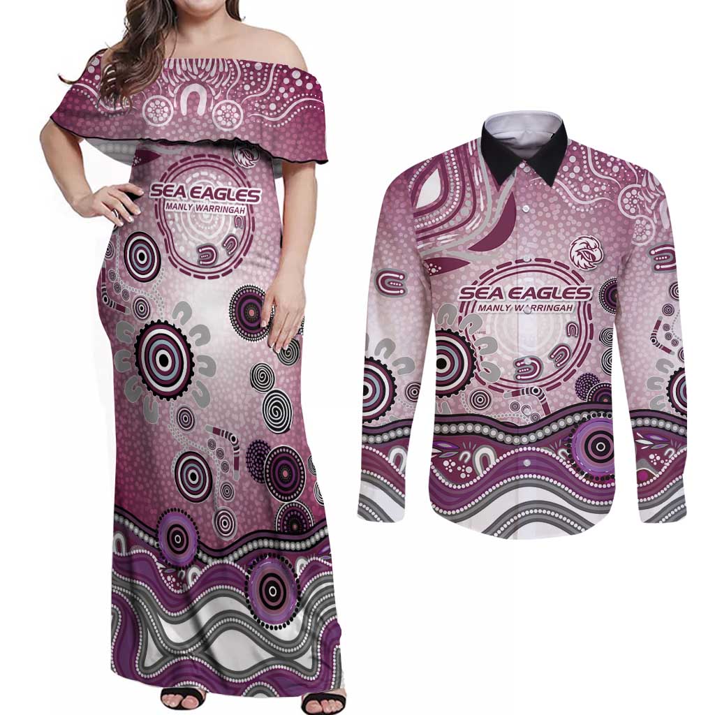 Manly Warringah Sea Eagles Rugby Couples Matching Off Shoulder Maxi Dress and Long Sleeve Button Shirt Australian Aboriginal Dot Painting Style