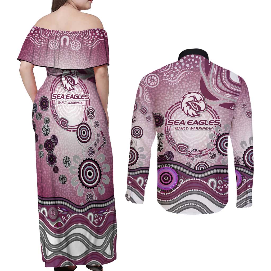Manly Warringah Sea Eagles Rugby Couples Matching Off Shoulder Maxi Dress and Long Sleeve Button Shirt Australian Aboriginal Dot Painting Style