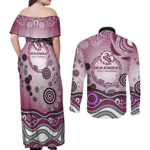 Manly Warringah Sea Eagles Rugby Couples Matching Off Shoulder Maxi Dress and Long Sleeve Button Shirt Australian Aboriginal Dot Painting Style