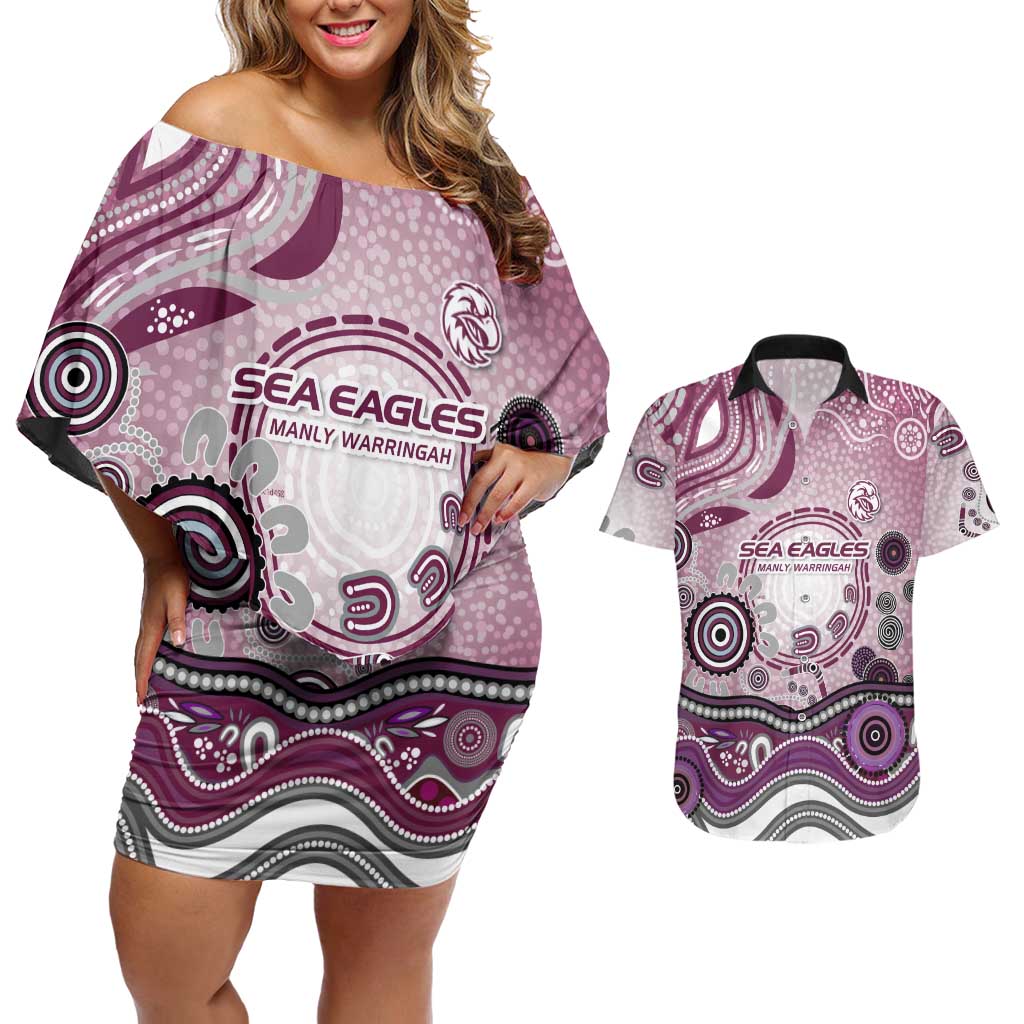 Manly Warringah Sea Eagles Rugby Couples Matching Off Shoulder Short Dress and Hawaiian Shirt Australian Aboriginal Dot Painting Style