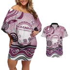 Manly Warringah Sea Eagles Rugby Couples Matching Off Shoulder Short Dress and Hawaiian Shirt Australian Aboriginal Dot Painting Style