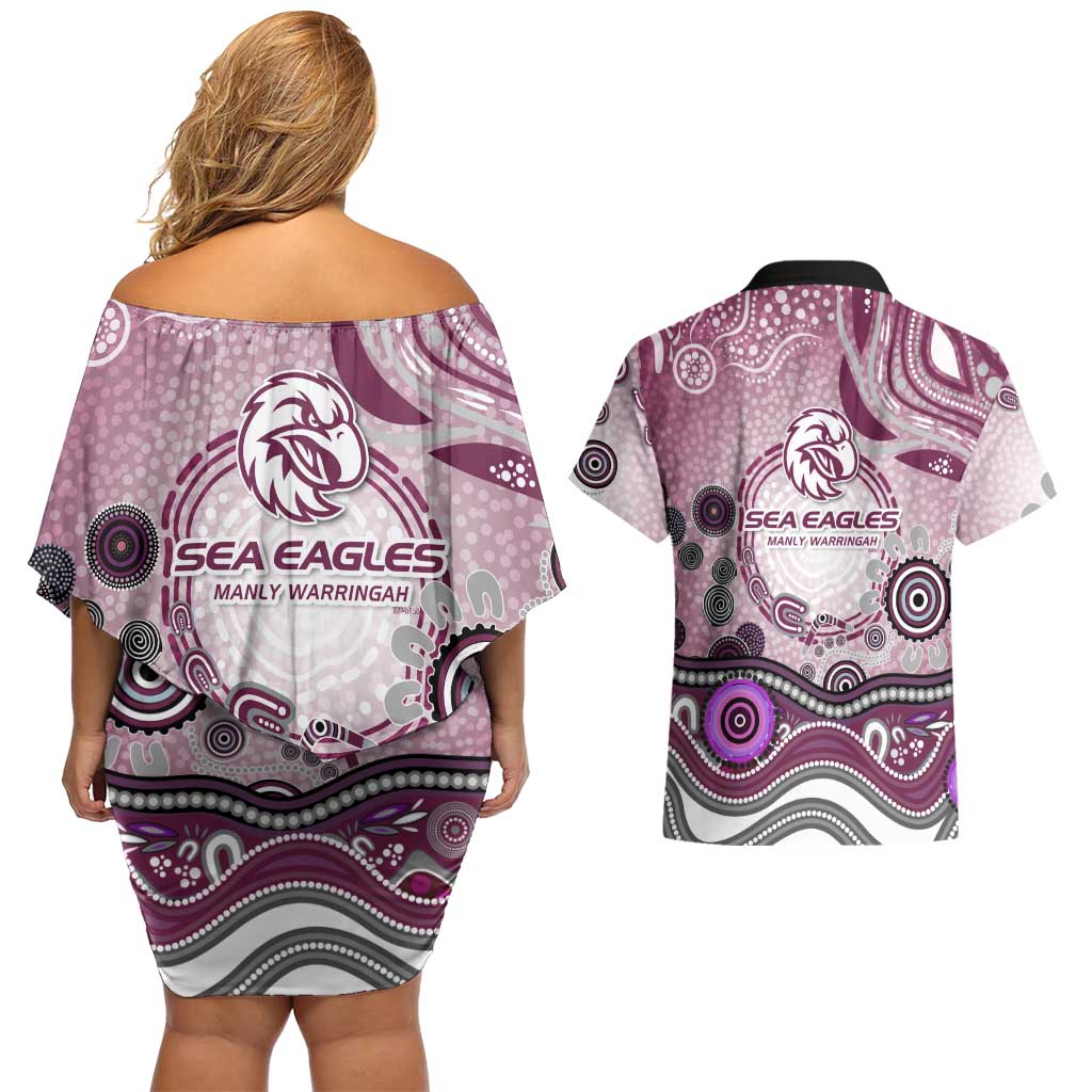 Manly Warringah Sea Eagles Rugby Couples Matching Off Shoulder Short Dress and Hawaiian Shirt Australian Aboriginal Dot Painting Style