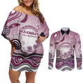 Manly Warringah Sea Eagles Rugby Couples Matching Off Shoulder Short Dress and Long Sleeve Button Shirt Australian Aboriginal Dot Painting Style