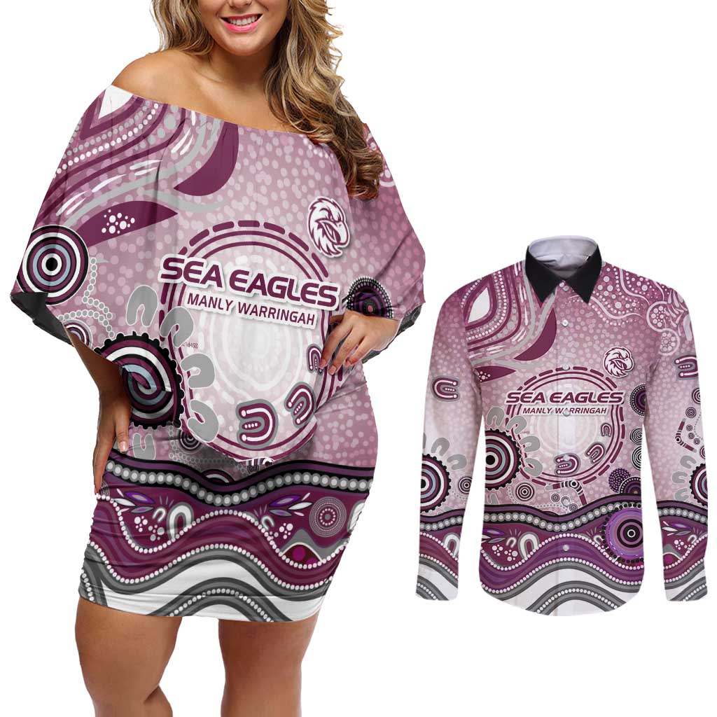 Manly Warringah Sea Eagles Rugby Couples Matching Off Shoulder Short Dress and Long Sleeve Button Shirt Australian Aboriginal Dot Painting Style