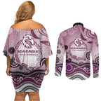 Manly Warringah Sea Eagles Rugby Couples Matching Off Shoulder Short Dress and Long Sleeve Button Shirt Australian Aboriginal Dot Painting Style