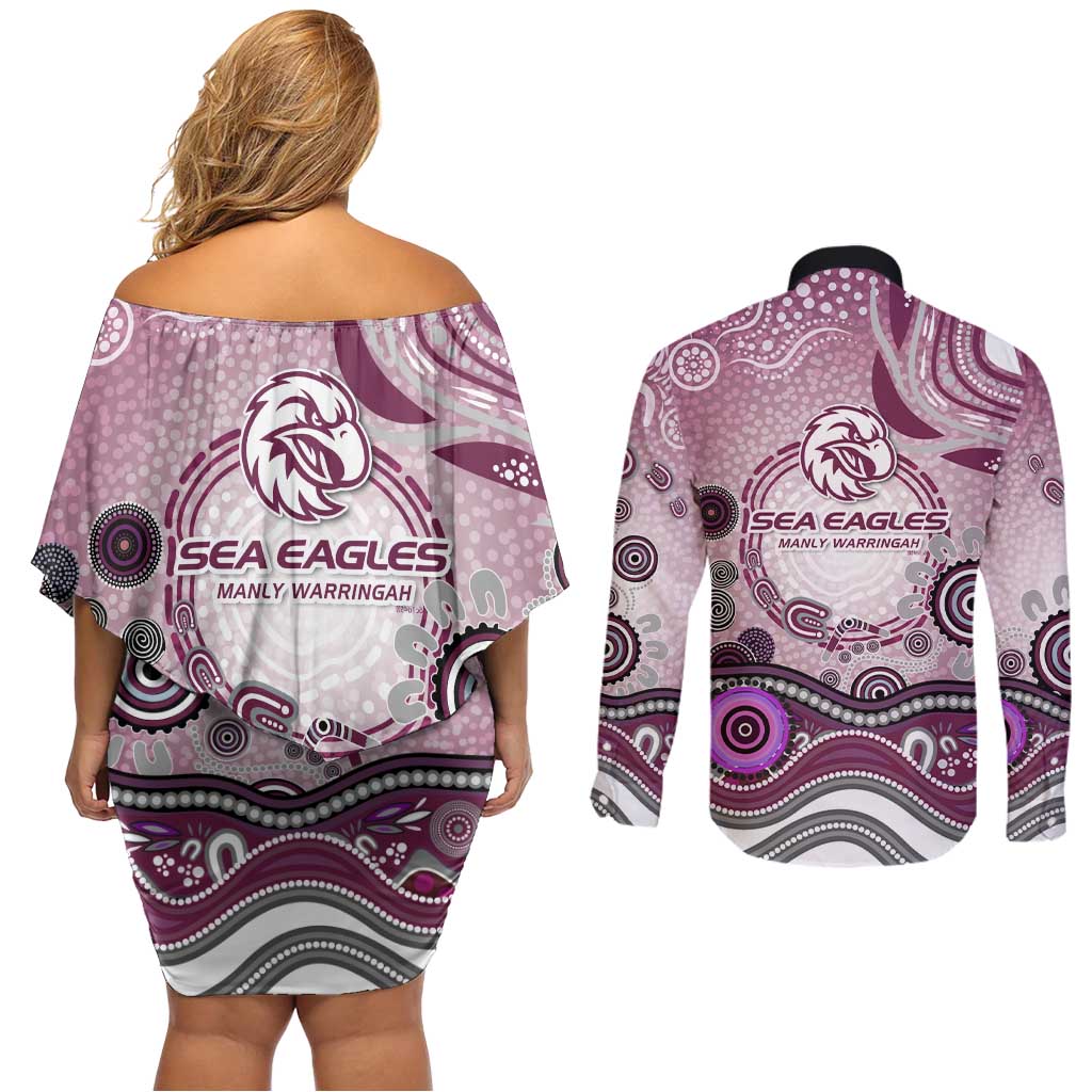 Manly Warringah Sea Eagles Rugby Couples Matching Off Shoulder Short Dress and Long Sleeve Button Shirt Australian Aboriginal Dot Painting Style