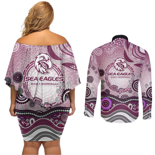 Manly Warringah Sea Eagles Rugby Couples Matching Off Shoulder Short Dress and Long Sleeve Button Shirt Australian Aboriginal Dot Painting Style