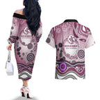 Manly Warringah Sea Eagles Rugby Couples Matching Off The Shoulder Long Sleeve Dress and Hawaiian Shirt Australian Aboriginal Dot Painting Style