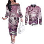 Manly Warringah Sea Eagles Rugby Couples Matching Off The Shoulder Long Sleeve Dress and Long Sleeve Button Shirt Australian Aboriginal Dot Painting Style