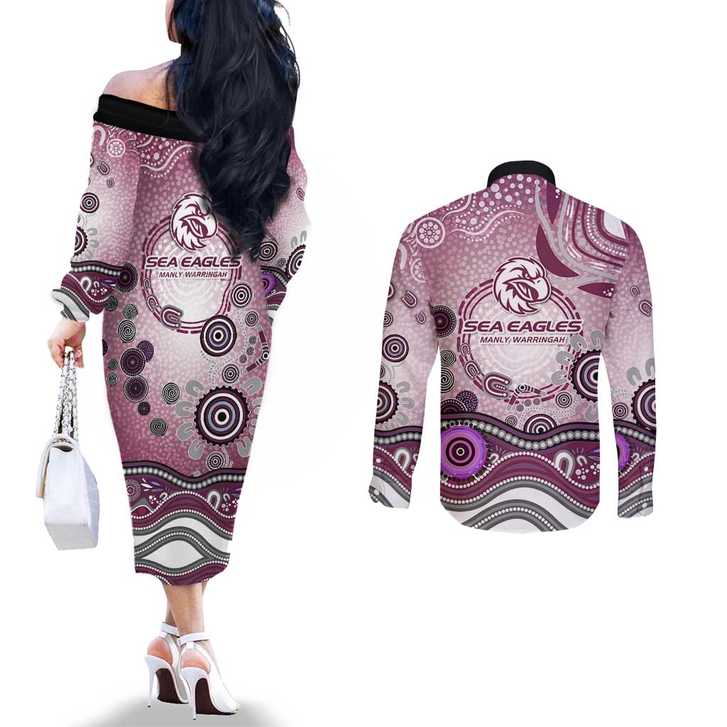 Manly Warringah Sea Eagles Rugby Couples Matching Off The Shoulder Long Sleeve Dress and Long Sleeve Button Shirt Australian Aboriginal Dot Painting Style