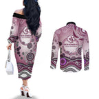 Manly Warringah Sea Eagles Rugby Couples Matching Off The Shoulder Long Sleeve Dress and Long Sleeve Button Shirt Australian Aboriginal Dot Painting Style