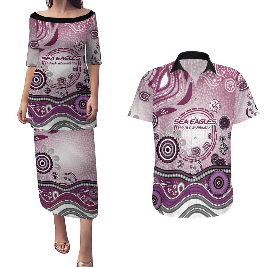 Manly Warringah Sea Eagles Rugby Couples Matching Puletasi and Hawaiian Shirt Australian Aboriginal Dot Painting Style