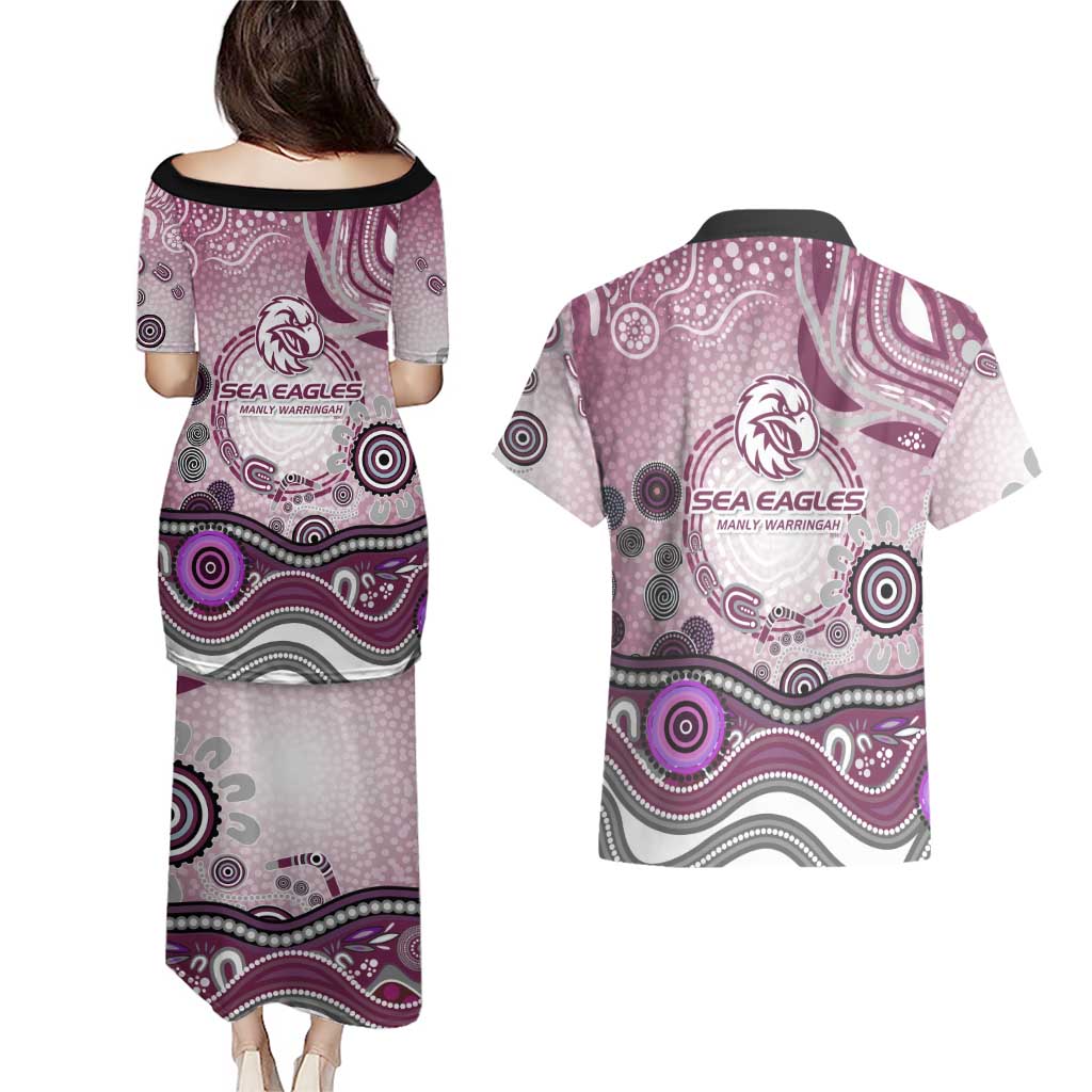 Manly Warringah Sea Eagles Rugby Couples Matching Puletasi and Hawaiian Shirt Australian Aboriginal Dot Painting Style