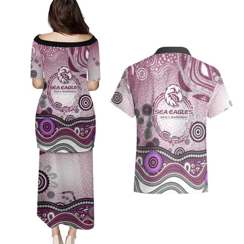 Manly Warringah Sea Eagles Rugby Couples Matching Puletasi and Hawaiian Shirt Australian Aboriginal Dot Painting Style