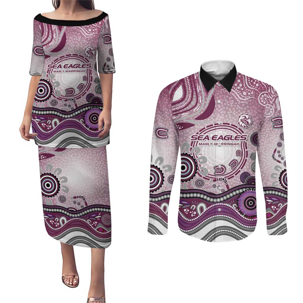 Manly Warringah Sea Eagles Rugby Couples Matching Puletasi and Long Sleeve Button Shirt Australian Aboriginal Dot Painting Style