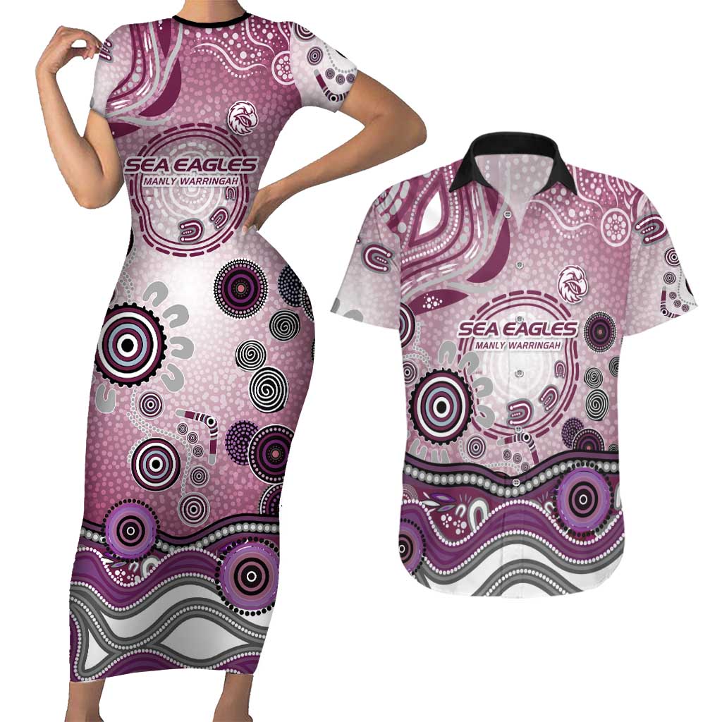 Manly Warringah Sea Eagles Rugby Couples Matching Short Sleeve Bodycon Dress and Hawaiian Shirt Australian Aboriginal Dot Painting Style